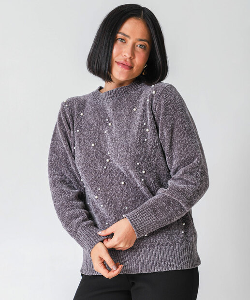 Image_Suéter Feminino Chenille Pérolas Marisa Cinza