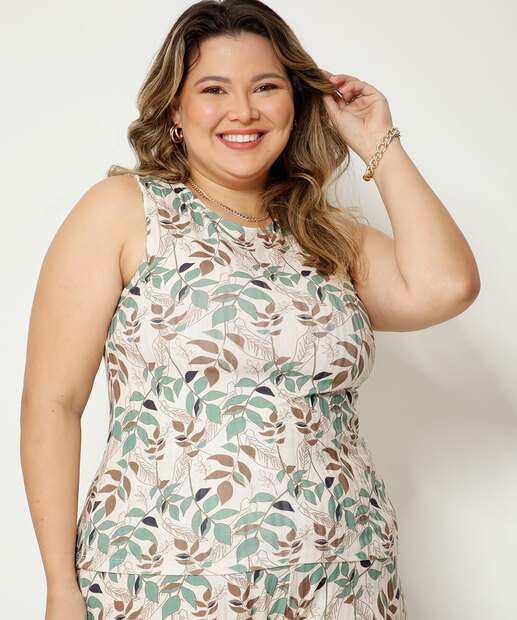 Blusa Plus Size Feminina Regata Folhas Marisa