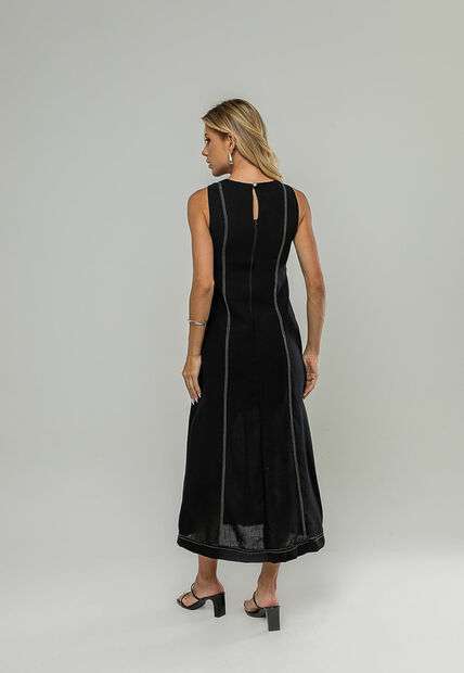 Vestido Midi Com Fenda Frontal E Costura Contrastante Preto Salvatore