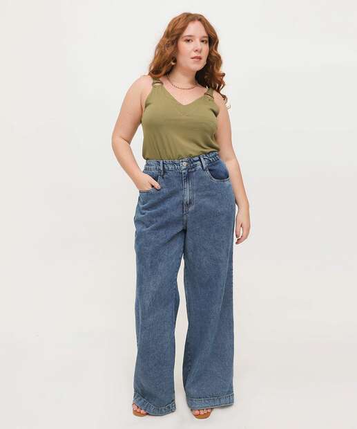 Calça Plus Size Feminina Jeans Flare Cintura Alta