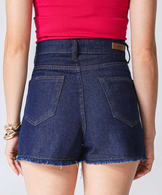 Short Jeans Feminino Cintura Alta Barra Desfiada Azul