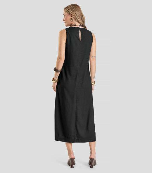 Vestido Midi Feminino em Tecido Linho Dianna Preto