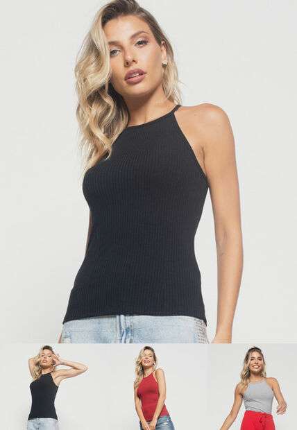 Image_Kit 3 Regatas  Cavada Alcinha Malha Canelada Preta, Vermelha e Mescla