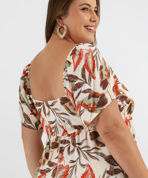 Vestido Plus Size Feminino Midi Folhas Marisa Bege