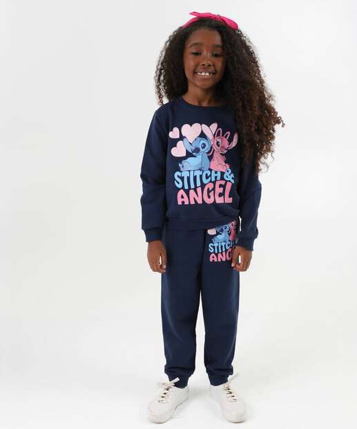 Blusão Infantil Moletom Stitch E Angel Glitter Tam 4 a 10 Azul