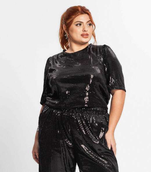 Blusa Feminina Plus Size Em Paetê Secret Glam Preto