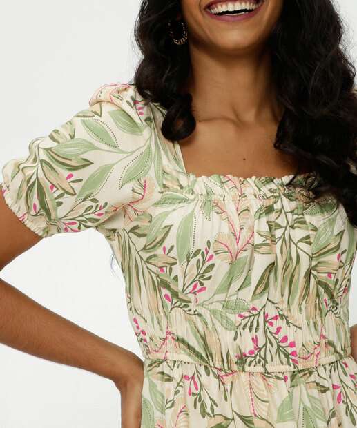 Vestido Midi Feminino Estampa Folhas Manga Curta Marisa