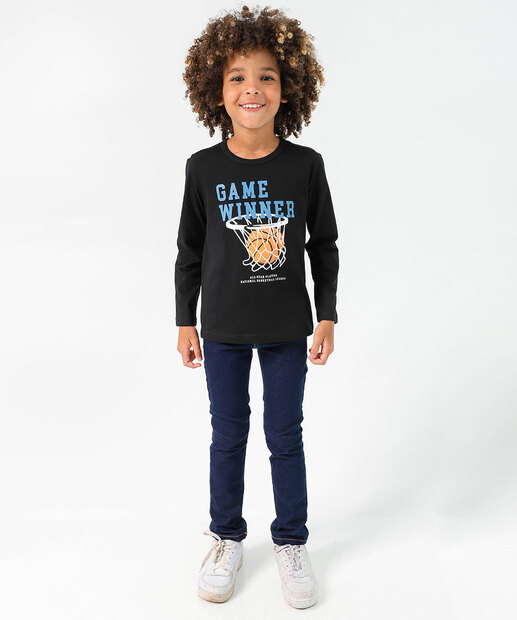 Camiseta Infantil Estampa Basquete MR Tam 4 a 10 Preto