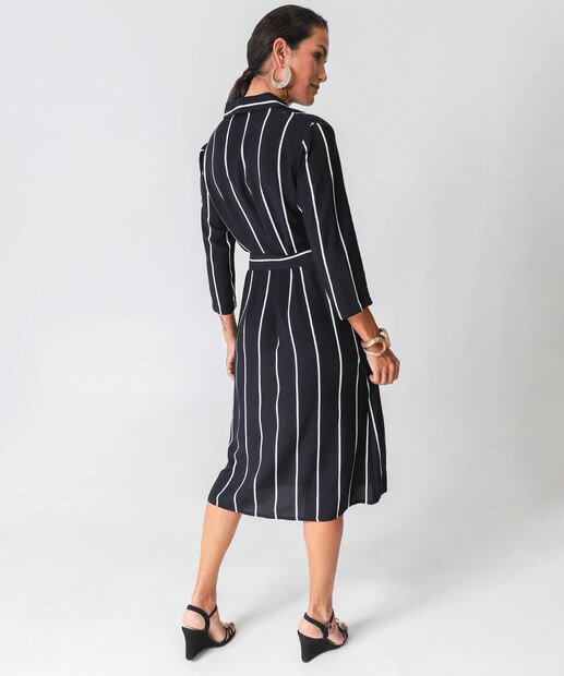 Vestido Feminino Chemise Midi Listrado Marisa Preto