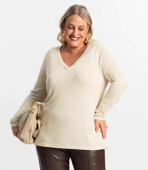 Blusa Manga Longa Visco Tricot Secret Glam Bege