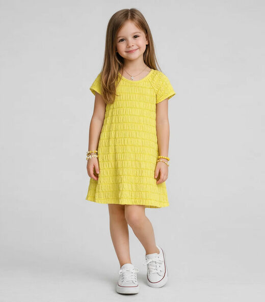 Vestido Infantil Com Franzido Na Manga Select Amarelo