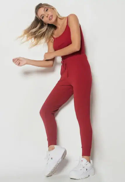 Calça  Jogger Comfy Malha Canelada Vermelho Escuro Salvatore Fashion