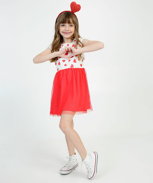 Vestido Infantil Tule Corações Brilho Marisa Tam 4 a 10
