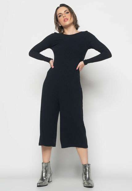 Image_Macacão Manga Longa  Pantacourt Canelado  Fashion Preto