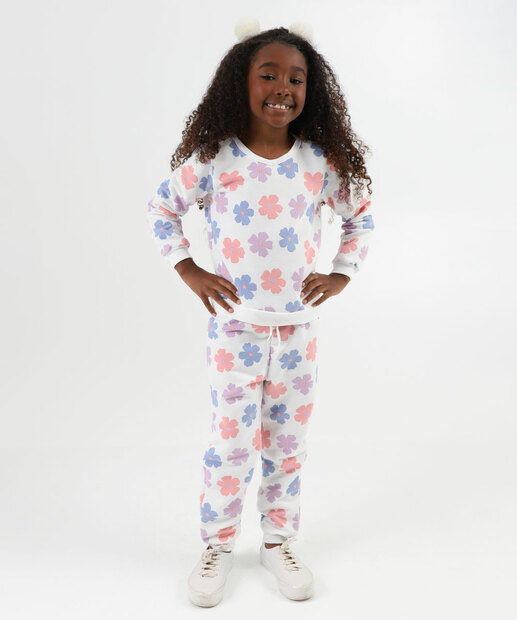 Image_Calça Infantil Moletom Estampa Floral Marisa Tam 4 a 10 Off White