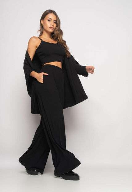 Conjunto Com Kimono, Cropped e Wide Leg Canelado Preto Salvatore
