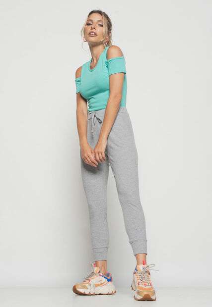 Blusa  Ombro Vazado Manga Curta Canelado Verde