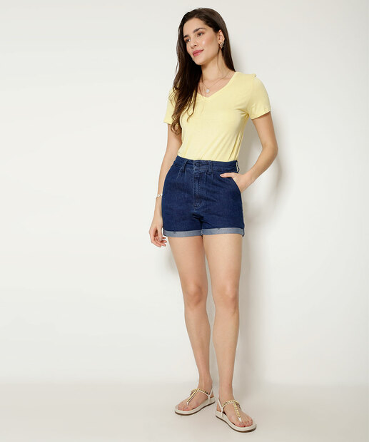 Short Cintura Alta Feminino Bolsos Ecxo Jeans