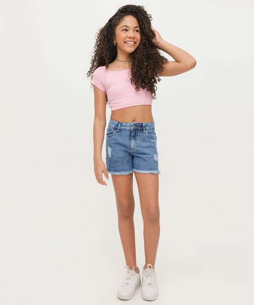 Image_Short Juvenil Jeans Puídos Barra Desfiada Tam 10 a 16