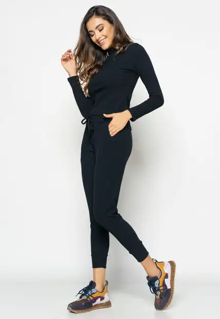 Blusa  Gola Alta Manga Longa Malha Canelada Preta