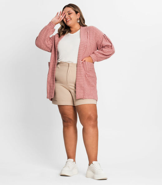 Cardigan Plus Size Em Canelado Tricot Secret Glam Rosa