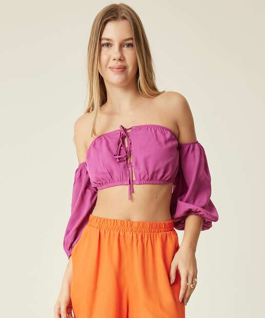 Blusa Cropped Feminina Manga 3/4 Bufante Marisa