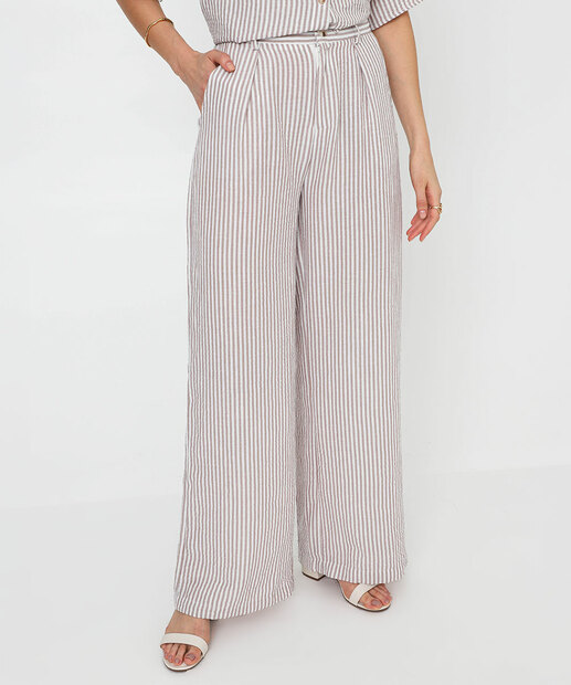 Calça Wide Leg Feminina Alfaiataria Listrada Marisa Off White