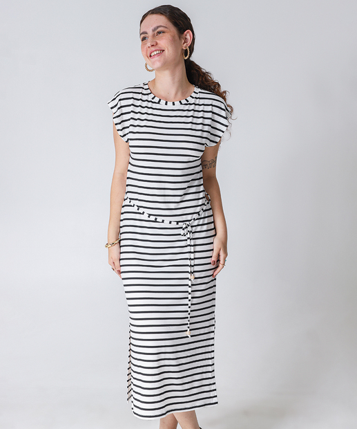 Vestido Midi Listrado Feminino com Amarração Marisa Branco