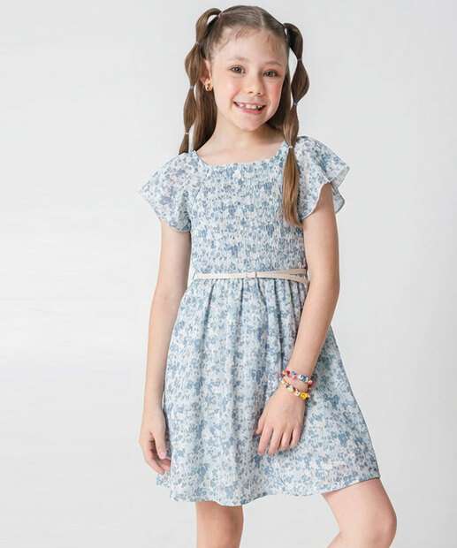 Image_Vestido Infantil Estampa Flores Cinto Tam 4 a 10 Azul
