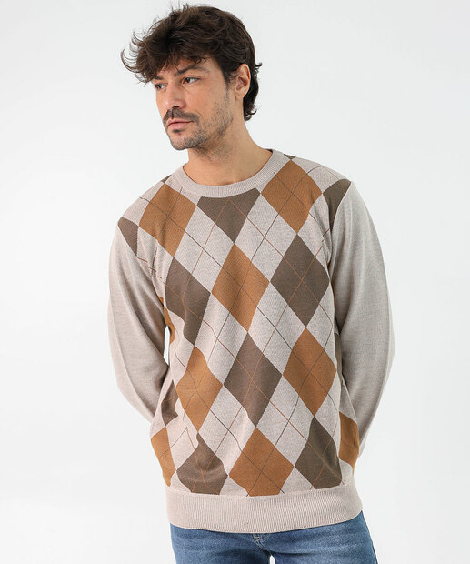 Image_Suéter Masculino Tricô Estampa Argyle Marisa Areia