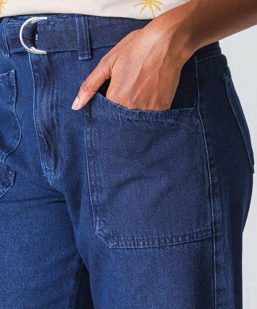 Calça Jeans Wide Leg Bolsos Feminina Biotipo Azul