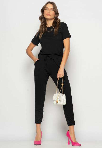 Conjunto Blusa Gola Redonda M/C e Jogger Recortes Malha Preto Salvatore