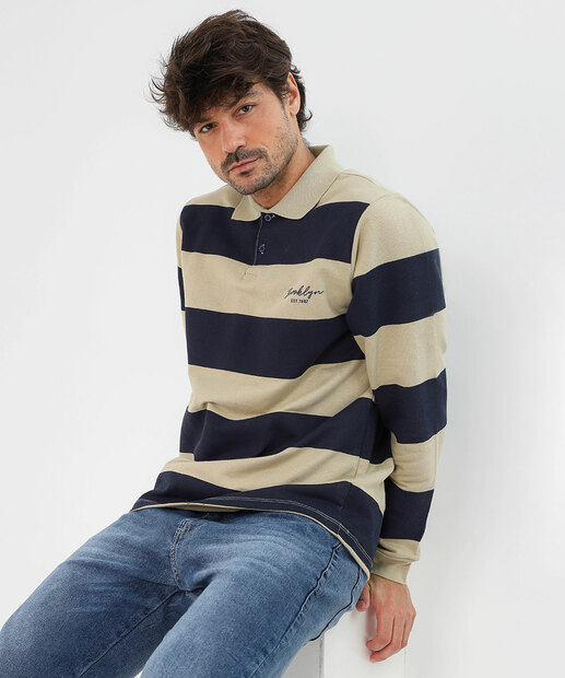 Image_Polo Masculina Moletinho Listrada Manga Longa MR Bege