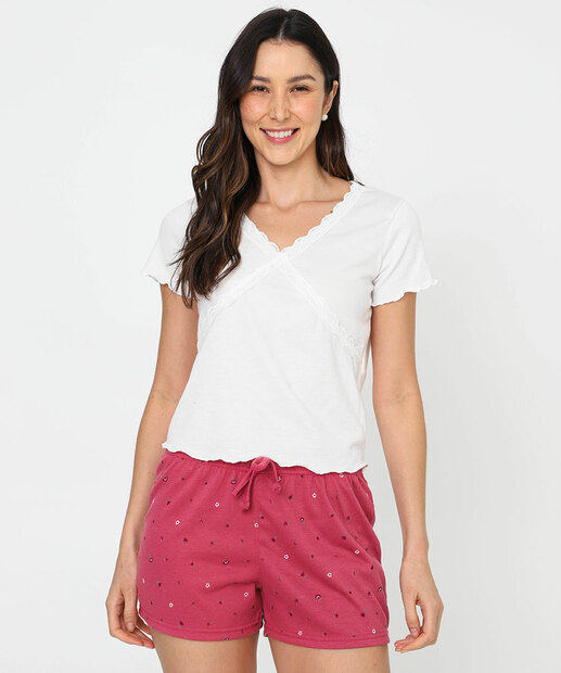 Pijama Feminino Canelado Flores Manga Curta Marisa Off White