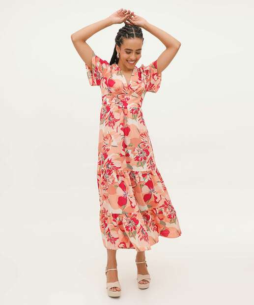 Vestido Feminino Midi Estampa Floral Amarração Marisa