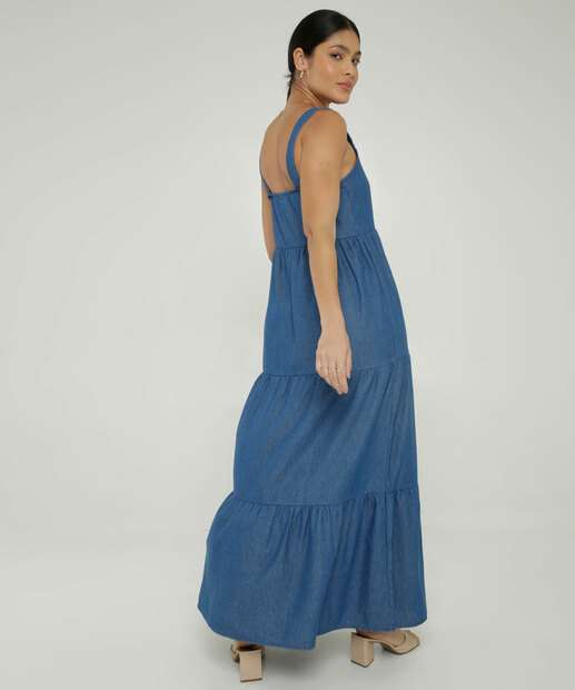 Vestido Jeans Longo Feminino Alças Largas Marisa