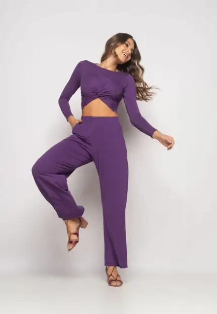 Conjunto Cropped Nó e Wide Leg Manga Longa Malha Roxo Salvatore