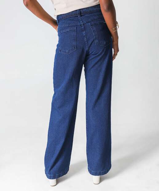 Calça Jeans Wide Leg Bolsos Feminina Biotipo Azul