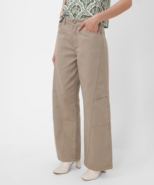 Calça Wide Leg Feminina Sarja Bolsos Bege