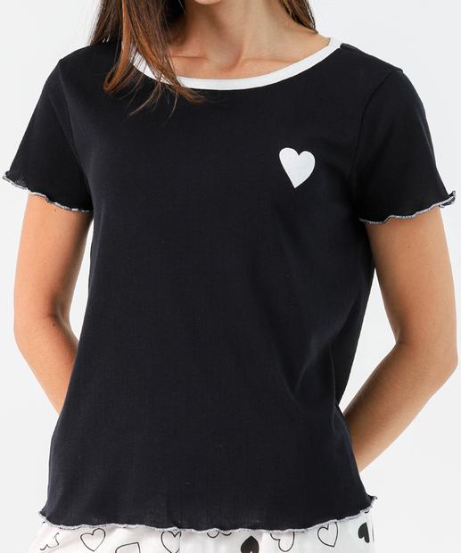 Pijama Feminino Estampa Coração Manga Curta Marisa Preto