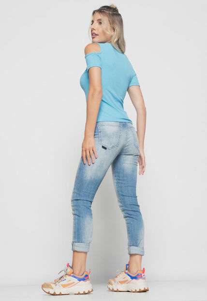 Kit 2 Blusas  Ombro Vazado Malha Canelada BrancoeAzul