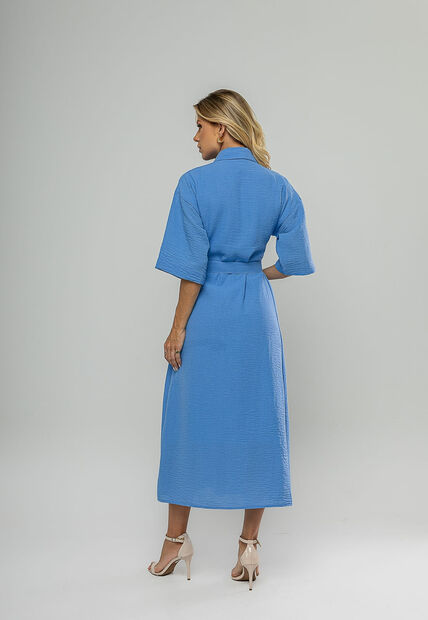 Vestido Midi Chemise Com Cinto Azul Salvatore