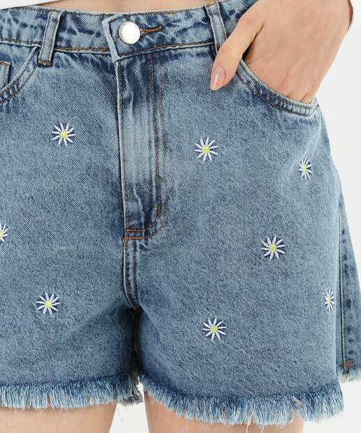 Short Feminino Jeans Bordado Margarida Bolsos Azul
