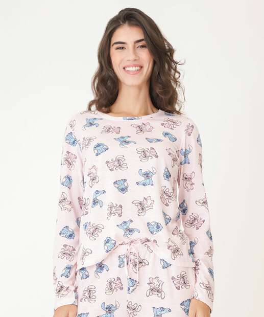 Pijama Feminino Estampa Stitch Manga Longa Disney