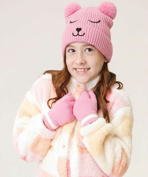 Image_Kit Touca e Luva Infantil Urso Tricô Marisa Tam 04 A 08 Rosa