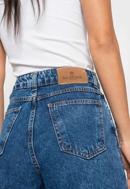 Calça Wide Leg Jeans Escuro Com Rasgos Salvatore Fashion