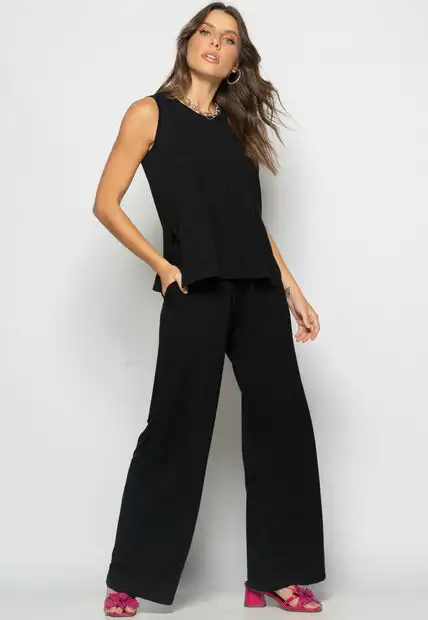 Conjunto Com Kimono, Regata e Wide Leg Malha Preto Salvatore