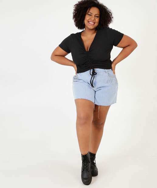Blusa Plus Size Feminina Cropped Manga Curta Marisa