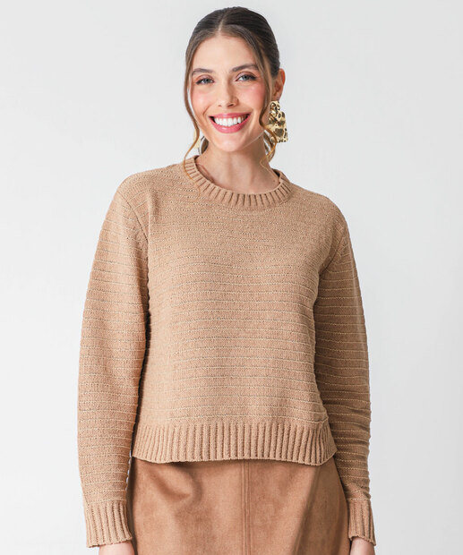 Suéter Feminino Chenille Brilho Lurex Marisa Bege