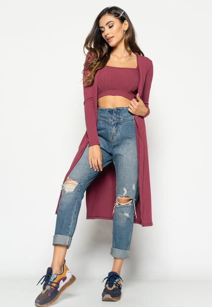 Kimono  Alongado Manga Longa Canelado Bordo